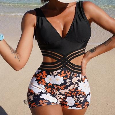 China Floral Print Antibacterial Cavity Halter One Piece Bikini for sale