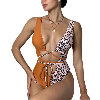 China Patch Antibacterial Orange Leopard Energetic Deep V Wild Panther Lace Up Swimsuit for sale