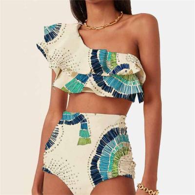 China Antibacterial Custom Printed One Shoulder Women Swimwear, Diamond Decoration Young Girl Swimming Suits 2023 for sale