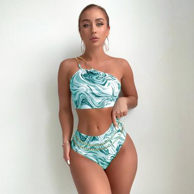 China Antibacterial Luxury Style One Shoulder Printing Bandeau Spandex Bikinis Fashion One Shoulder Tankinis Female Swimwear for sale