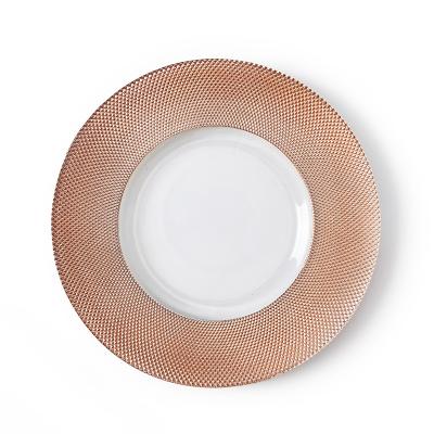 China China Viable Supplier Wholesale Bulk Rose Gold Rattan Clear Glass Round Dinner Charger Plates For Wedding for sale