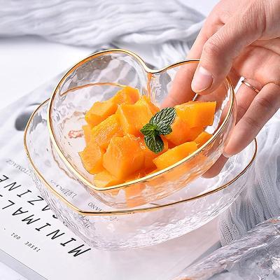 China Hot Sale Clear Glass Dessert Stocked Serving Bowls Set Decorative Heart Shaped Glass Bowl With Gold Rim for sale