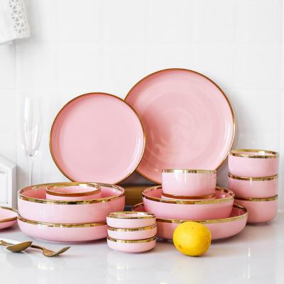 China Viable High Quality Special Design Modern Gold Rim Luxury Porcelain Round Dinner Set Pink Dinnerware for sale