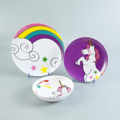 China 3 Piece Sustainable Popular Unicorn Environmental Reusable Plastic Melamine Children's Tableware for sale