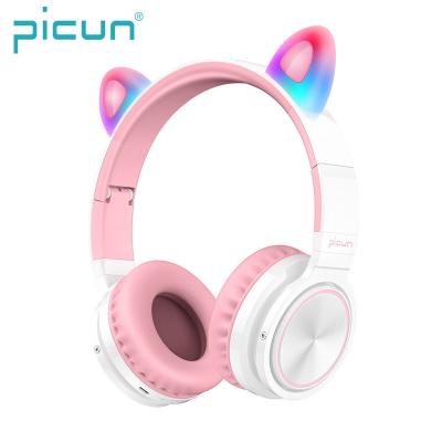 China Picun Lucky Cat Cute Girls Colorful Lighting LED Headband Bluetooth Cat Ear Headphone Wireless for sale