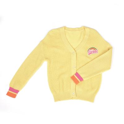 China Yellow Chunky Anti Shrink Cardigan Sweater Designs For Girls Kids Sweater Knitted Embroidery Sweater Kids Girl for sale