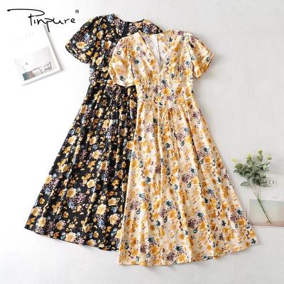 China R40895S Wholesale Women's Fashion Flower Print V-Neck Breathable Lace Dress With Big Swing Print Women Dress for sale