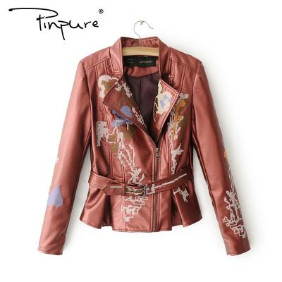 China Viable Hot Sale Women's New Style R50710S Locomotive Embroidered PU Leather Jacket Women Leather Jacket for sale