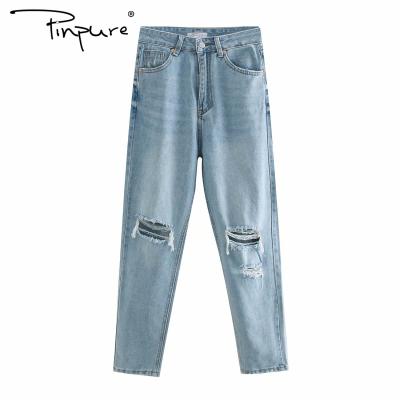 China R50965S Breathable 2020 New Vintage Ripped Hole Tassel Blue Jeans Women Summer Pocket Casual Jeans for sale