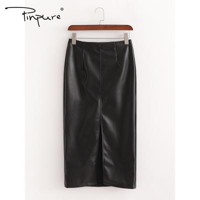 China Plus Size R51162S 2020 Winter Fashion Front Split PU Leather Straight Skirt Long Skirt for sale