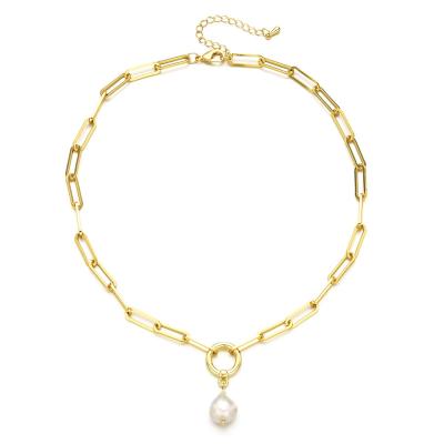 China TRENDY Retro 18k Gold Plated Pearl Necklace Jewelry Paperclip Chain Clip O-ring Shaped Baroque Freshwater Pearl Pendant Necklace Neckla for sale