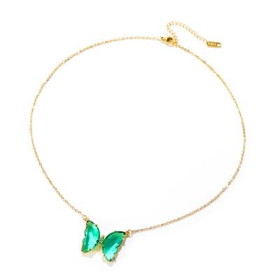 China FASHIONABLE Cute Green Crystal Butterfly Pendant 18K Gold Plated Butterfly Necklace Charm Stainless Steel Necklace Jewelry for sale