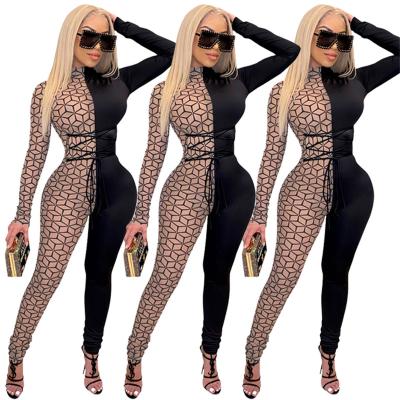 China European and American women's clothing hot breathable Amazon mesh sexy printing splicing jumpsuit in Europe and America for sale