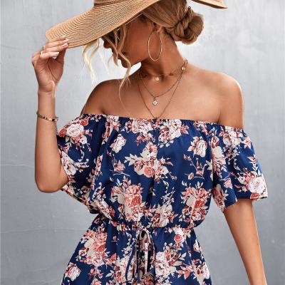 China Women's Chiffon Short Sleeve Overalls Slash Neck Floral Print Sexy Romper Female Playsuit QUICK DRY 2022 Summer Ladies Casual Overalls for sale