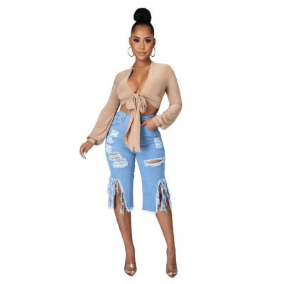 China 2022 new fashionable breathable women ripped high waist tassel denim shorts plus size knee length jeans women fashion casual pants for sale