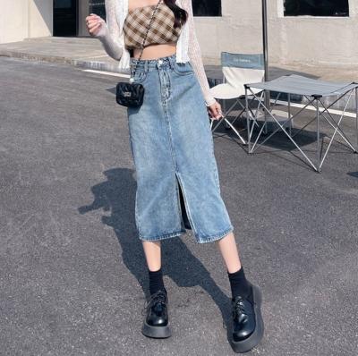 China Girls Waist Women Denim Long Skirt Dress Anti-Static Zipper Button New Fashion Solid Color Solid Color Retro High Split Casual Skir for sale