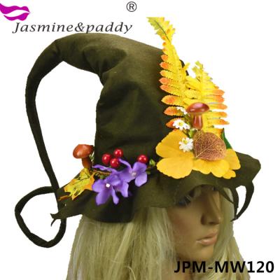 China Glitter Halloween Green Witch Hat Autumn Leaf Mushroom Flower Decoration Party Witch Hat for sale