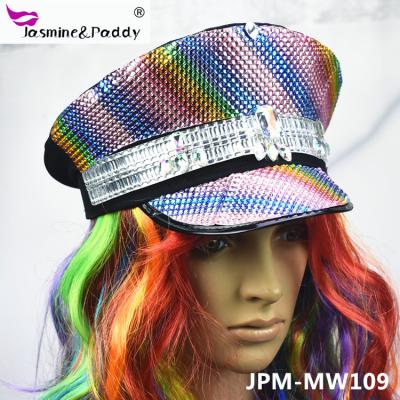 China Glitter Carnival Rainbow Color Sequin Hat Music Festival Show Performance Diamond Hat Custom for sale