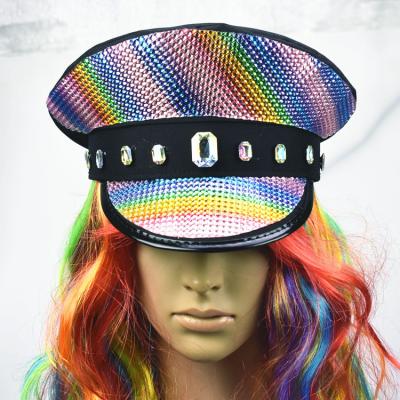 China Glitter Party Rainbow Color Diamond Decorative Army Cap Flat Top Hat for sale