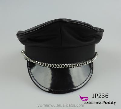 China Dance Party Black Police Hat Leather Chain Military Service Hat for sale