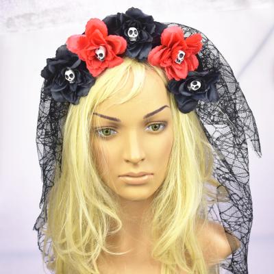 China Day of the Dead Black and Red Rose Skull Bride Veil Halloween Spider Gauze for sale