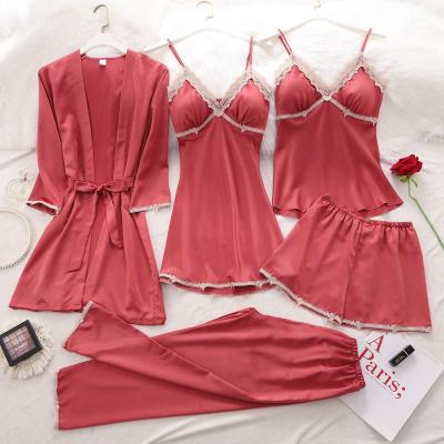 China Wholesale Women QUICK DRY Five Piece Lace Up Elegant Silk Satin Sleepwear Pajamas, Factory Wholesale Sleepwear 5pcs Pj Set for sale