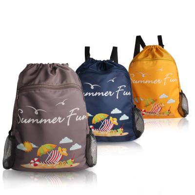 China Waterproof Drawstring Backpack Vacation Style String Bag Canvas Beach Sports Daypack Beach Bag for sale