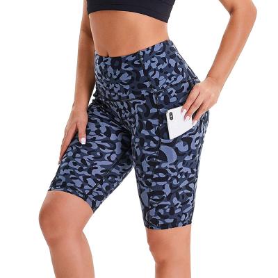 China Breathable Printed Yoga Workout Gaiters Pants Biker Women Running Shorts With Pocket Camouflage Printing Pattern Customized Logo Printing 3pcs for sale