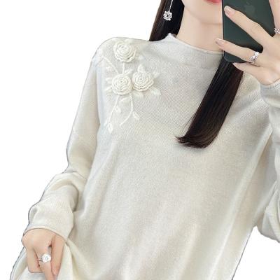 China Autumn And Winter New Cashmere Anti-Wrinkle Sweater Women's Semi High Neck Embroidered Sweater Loose Wool Bottoming Shirt Pullover Knit Upper for sale