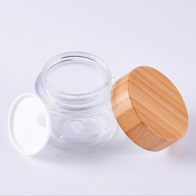 China Eco-friendly Material 8oz 250ml Face Cream Clear Plastic Jars With Plastic Screw Cap Bamboo Wood Lid for sale