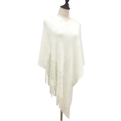 China European American Fashion Women Knit Poncho Wraps Solid Color Sweater Cape Soft Striped Boho Shawl With Tassel Fringe And V Edge Knitted Scarf for sale