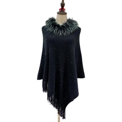 China Sequins/shimmer sweater poncho with fur collar women's cape sweater with fringe ladies knit shawl with tassel neck sequin scarves warm black for sale