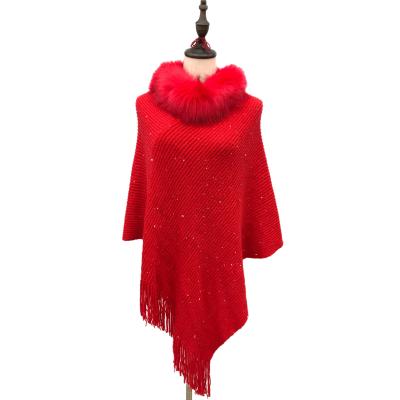 China Sequins/Sparkles New Fashion Winter Shawls Wraps With Fur Collar Ladies Knit Warm Poncho Sweater Sequins Style Scarf With Tassel Pullover Neck for sale