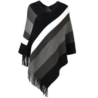 China New Design Ladies Nice Fashion Shawl Multicolor Knitted Striped Poncho With Tassels Women Scarf Fringed Wrap Sweater Pullover Cape for sale