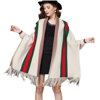 China Unique Autumn Designer Soft Knit Jacquard Cape Poncho Bat Sleeve Sweater Striped Scarf Shawl Soft Touch Feeling Spring With Sleeves Scarves Marks for sale