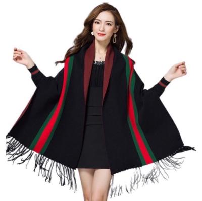 China Soft Touch Feeling Women's Fashion Wool Blend Knit Red Striped Batwing Sleeve Poncho Pashmina Cape Cardigan Cashmere Shawl Wraps With Tassels for sale