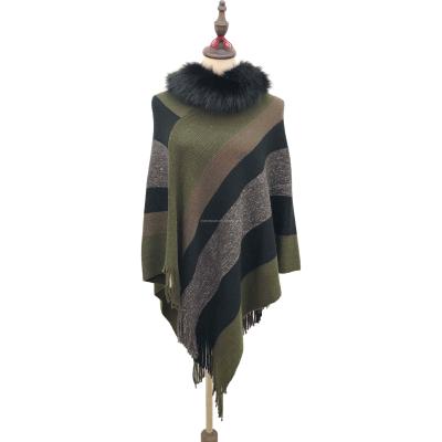 China Stylish European American Women's Winter Knit Scarves Wrap Faux Fur Poncho Cape Shawl With Stripe Patterns for sale