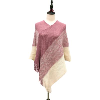 China Wholesale Soft Elegant Luxury Women's V Neckline V Neck Scarves Knitted Stripe Designer Poncho Shawls With Fringe for sale