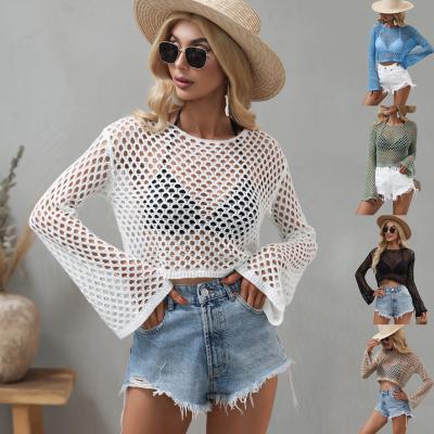 China Breathable Women Spring Summer Hollow Out Girls' Full Flare Sleeve Knitted Sweater Crop Cover Up Tees Pullover for sale