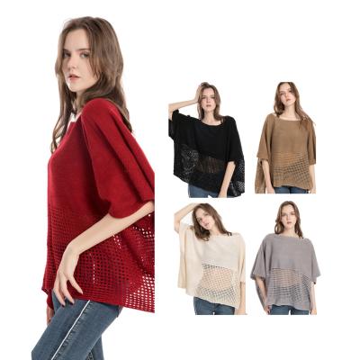 China Women's Breathable Hollow Out Half Sleeve Sweater Loose Bat Wing Tees Crochet Crop Girl Knitted Pullover Women Short Poncho Sweaters for sale