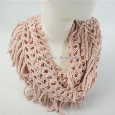 China Warm Wear Women Winter Knit Infinity Circle Loop Snood Scarf With Hollow Tassel Warm Scarves Knit Spring Fall Winter Sheer Color Scarf for sale