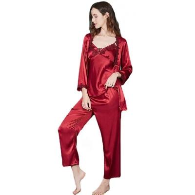 China Custom Ladies Silk Satin Breathable Three Piece Plus Size Pajamas Long Sleeve Loungewear Pajamas Chemise Pants OEM Women Satin Sleepwear Set for sale