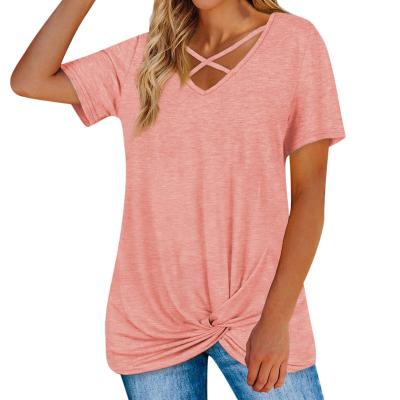 China 2022 Summer New Solid Color T-Shirt V-Neck Cross Edge Colorful Women's T-Shirt Plus Size Casual Viable Cotton Short Sleeve for sale