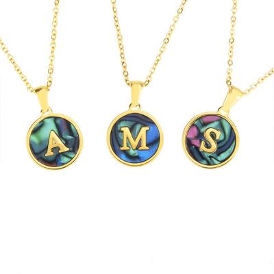 China Environmental Friendly Shell 26 Round Stainless Steel Abalone Initial Gold Plated Letter Titanium Steel Pendant Necklace For Women for sale