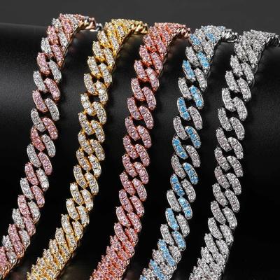 China Environmental Friendly 9mm Gold Chain Hip Hop Men Iced Out Cuban Link Chain Rhinestone Bracelet Necklace Women Bling Jewelry for sale