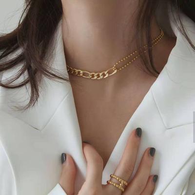 China Environmental Friendly Multilayer Stainless Steel Chain Female Cuban Gold Plated Figaro Beaded Choker Linked Necklace For Women for sale