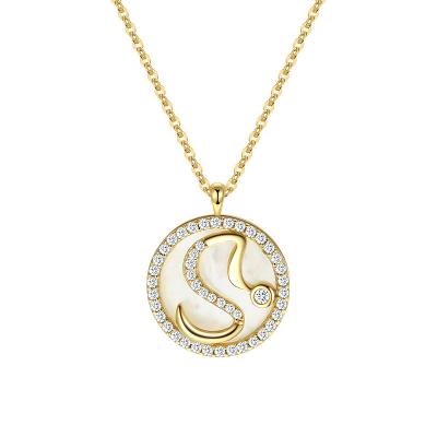 China Environmental Friendly 925 Silver Pave CZ Crystal Shell 26 Charm Letter Disc Pendant Alphabet A To Z Gold Plated Necklace Fashion Jewelry for sale