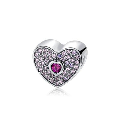 China Environmental Friendly Fashion 925 Silver Heart Beads Charm With Pink Zircon For Bracelet Making for sale