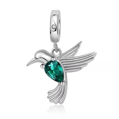 China Factory Wholesale Environmentally Friendly 925 Sterling Silver Green Hummingbird Warbler Pendant CZ Animal Charms Fit European Bracelet For Family Gift for sale