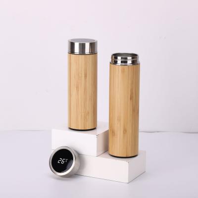 China Stocked 2020 Eco-friendly Double Wall Bamboo Thermos Mug Travel Insulated Stainless Stainless Vacuum Flasks With Temperature Lid for sale